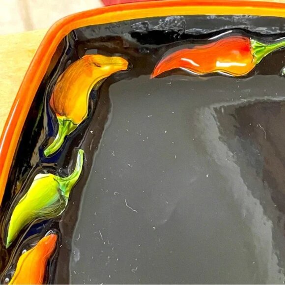CLAY ART Jalapeño PLATE Hot Pepper Black orange yellow green fiesta 1” d x 8” sq - Picture 3 of 13